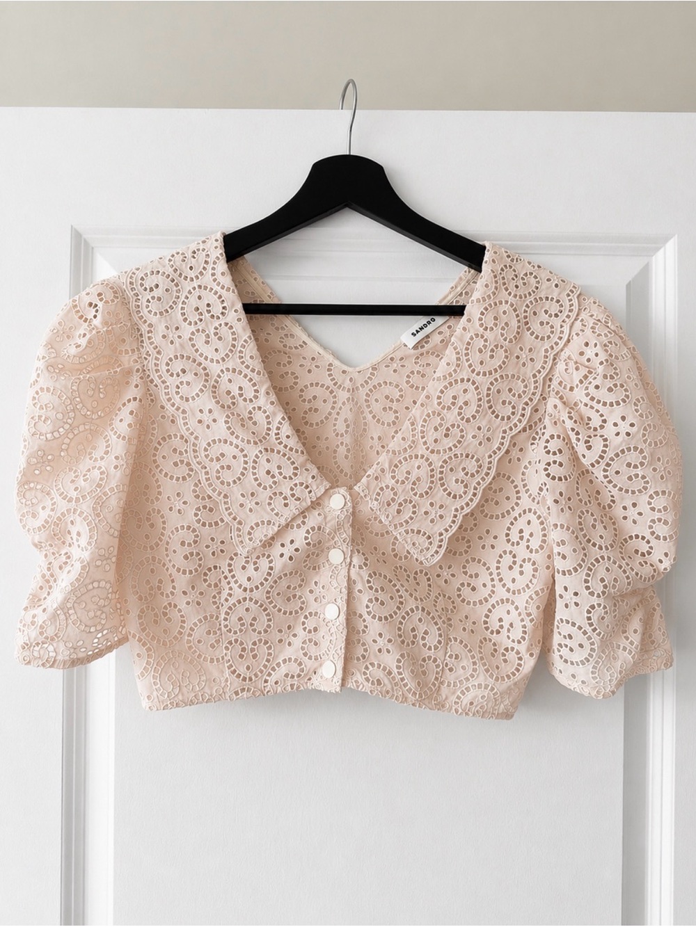 Sandro Cream Blush Eyelet Cropped Top & Mini Skirt Set Scalloped Small - Picture 11 of 15
